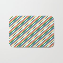 [ Thumbnail: Blue, Coral, Beige, Sea Green, and Mint Cream Colored Lines Pattern Bath Mat ]