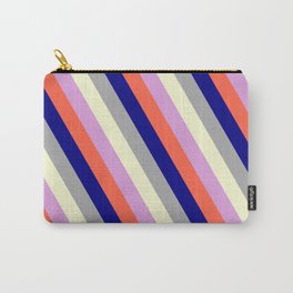 [ Thumbnail: Colorful Plum, Red, Blue, Dark Grey & Light Yellow Colored Lines/Stripes Pattern Carry-All Pouch ]