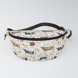 Cows with Pink and Yellow Flowers on Cream, Cow Illustration, Floral Fanny Pack