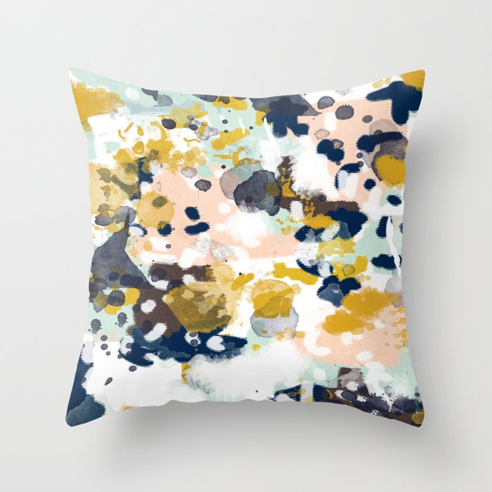 Sloane - Abstract painting in modern fresh colors navy, mint, blush, cream, white, and gold Throw Pillow