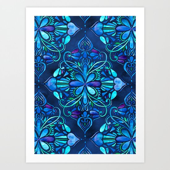 Deep Ocean Art Nouveau Watercolor Doodle Art Print