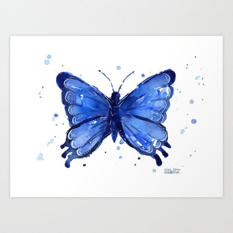 Butterfly Blue Watercolor Animal Painting Art Print By Olechka