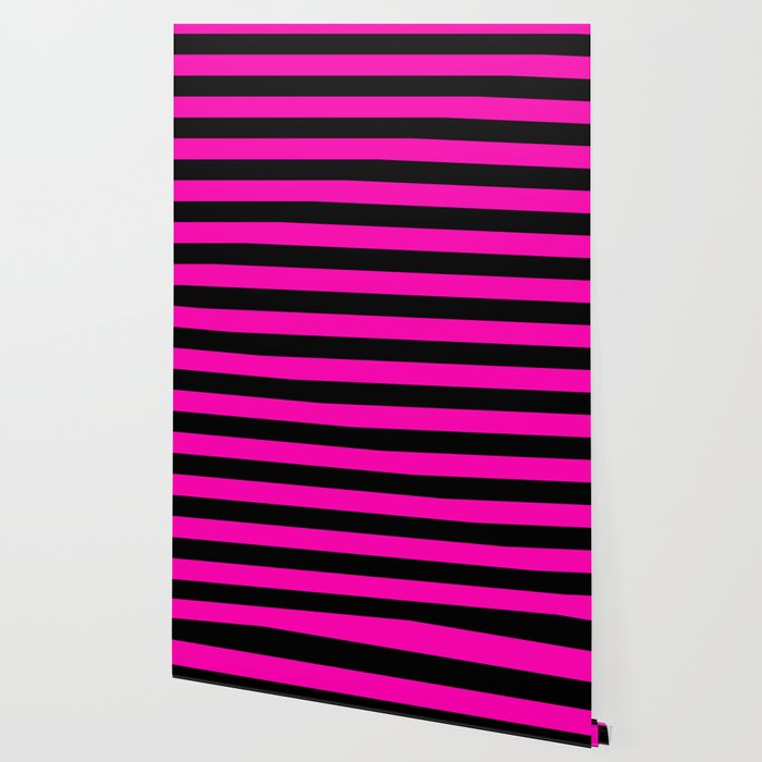 Bright Hot Neon Pink And Black Cabana Tent Stripes Wallpaper