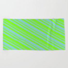 [ Thumbnail: Green & Sky Blue Colored Striped Pattern Beach Towel ]