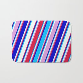 [ Thumbnail: Colorful Plum, Crimson, Blue, Deep Sky Blue, and Mint Cream Colored Lined/Striped Pattern Bath Mat ]