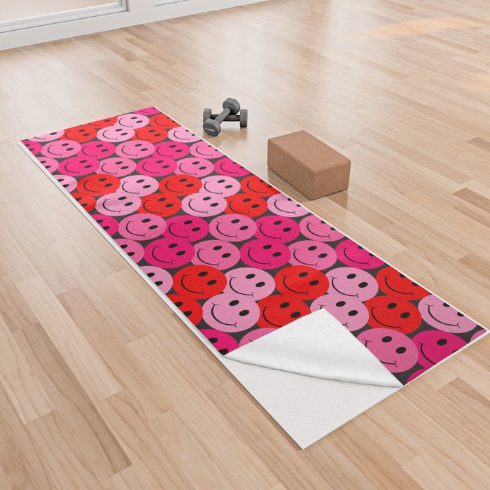 Preppy Room Decor - Pink Red Smiley Face Repeat Pattern Design Yoga Towel