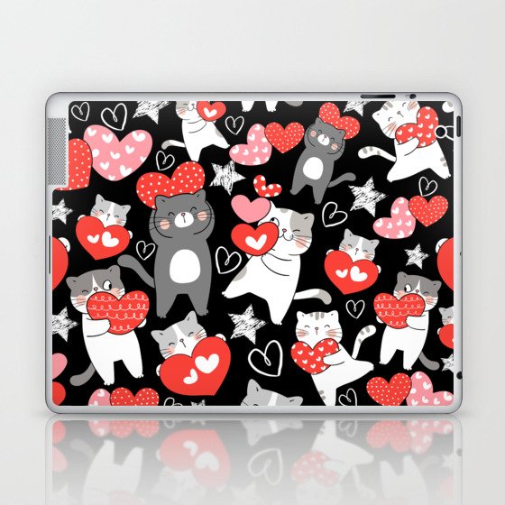 valentine cute cats with heart seamless pattern Laptop & iPad Skin