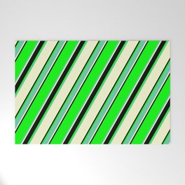 [ Thumbnail: Lime, Aquamarine, Light Yellow & Black Colored Lined Pattern Welcome Mat ]