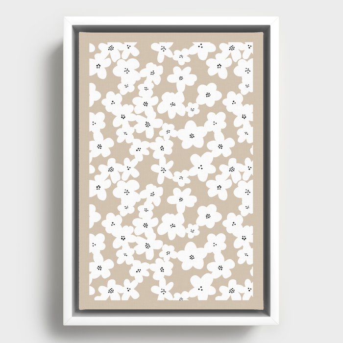 Modern Tan White Flowers Matisse Inspired Framed Canvas