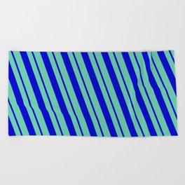 [ Thumbnail: Aquamarine and Blue Colored Pattern of Stripes Beach Towel ]