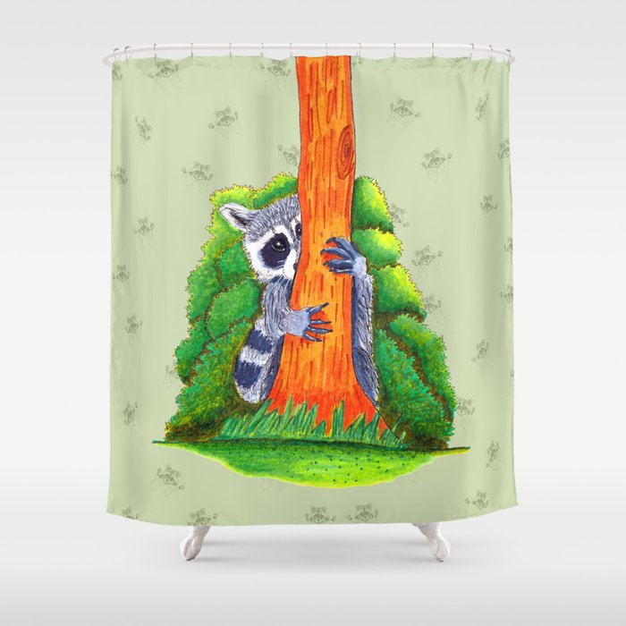 Peeking Raccoons #4 Green Pallet- Shower Curtain