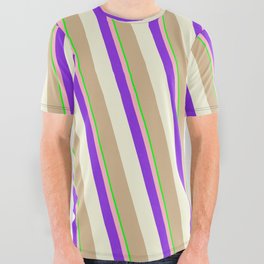[ Thumbnail: Eye-catching Lime, Light Pink, Purple, Beige & Tan Colored Stripes Pattern All Over Graphic Tee ]