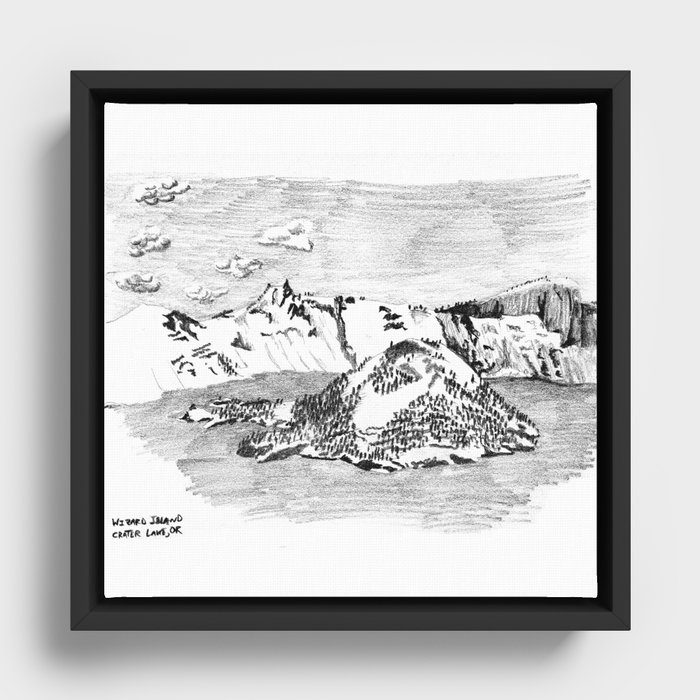Drawing of Wizard Island in Crater Lake from the Rim Framed Canvas