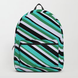 [ Thumbnail: Turquoise, Sea Green, Lavender & Black Colored Stripes Pattern Backpack ]