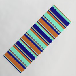 [ Thumbnail: Chocolate, Aquamarine & Blue Colored Stripes Pattern Yoga Mat ]