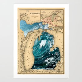 Michigan Waves Map Art Print