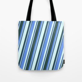 [ Thumbnail: Cornflower Blue, Light Cyan, and Dark Slate Gray Colored Pattern of Stripes Tote Bag ]