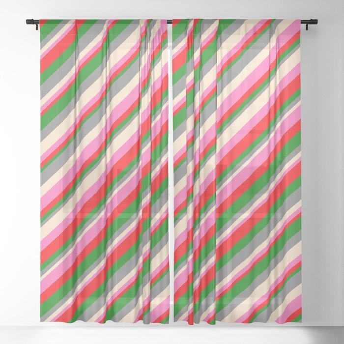Eye-catching Gray, Bisque, Hot Pink, Red & Green Colored Lines/Stripes Pattern Sheer Curtain