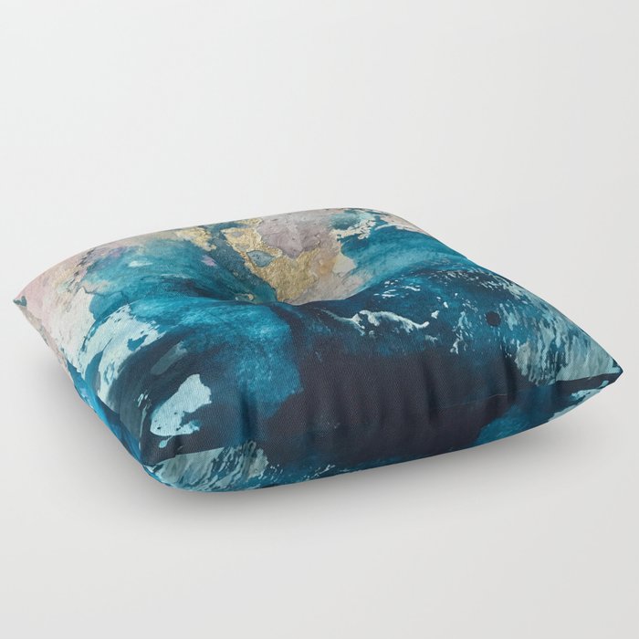 Timeless: A gorgeous, abstract mixed media piece in blue, pink, and gold by Alyssa Hamilton Art Floor Pillow