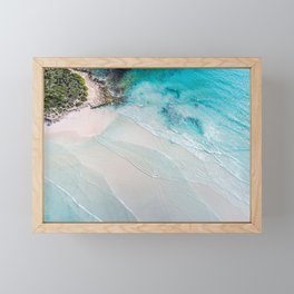 Aerial seascape photography of vibrant blue ocean with shallow waves on the beach Framed Mini Art Print