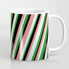 [ Thumbnail: Forest Green, Black, Light Coral & Light Cyan Colored Stripes/Lines Pattern Coffee Mug ]
