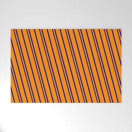 [ Thumbnail: Dark Orange & Dark Blue Colored Pattern of Stripes Welcome Mat ]