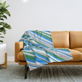 [ Thumbnail: Blue, Mint Cream, Grey, and Sea Green Colored Pattern of Stripes Throw Blanket ]