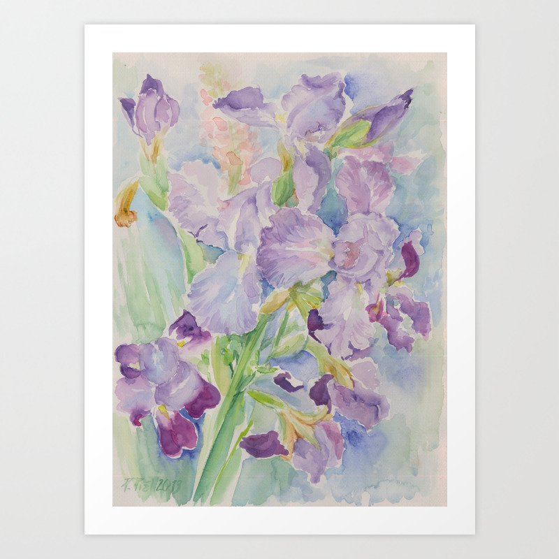 Irises Watercolor Floral Painting Purple Blue Flower Wedding Decor