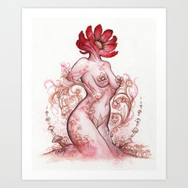 Garnet Blossom Art Print | Mushroom, Garnetstone, Marymunoz, Acrylic, Painting, Crimson, Blossom, Oxidize, Redtorso, Ink 