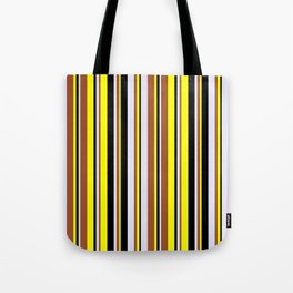 [ Thumbnail: Yellow, Sienna, Lavender, and Black Colored Lines/Stripes Pattern Tote Bag ]