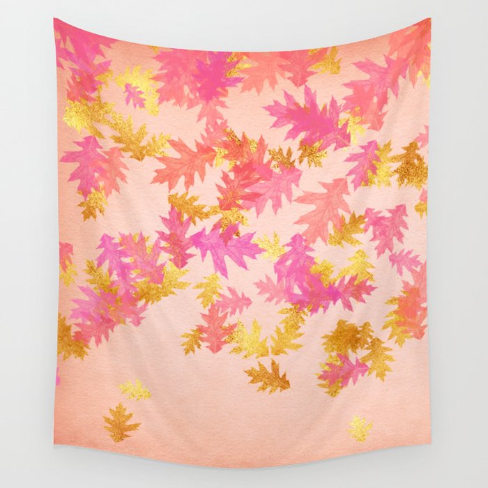 Autumn - world 1 - gold glitter leaves on pink background Wall Tapestry