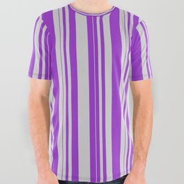 [ Thumbnail: Light Gray & Dark Orchid Colored Striped/Lined Pattern All Over Graphic Tee ]