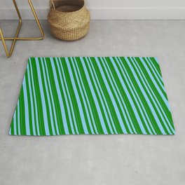 [ Thumbnail: Light Sky Blue & Green Colored Pattern of Stripes Rug ]