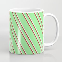 [ Thumbnail: Light Green, Mint Cream & Red Colored Striped Pattern Coffee Mug ]