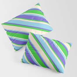 [ Thumbnail: Slate Blue, Lime Green, Beige & Sky Blue Colored Pattern of Stripes Pillow Sham ]