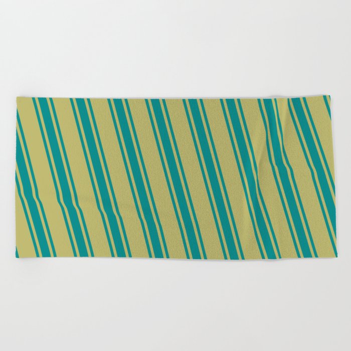Dark Khaki and Dark Cyan Colored Pattern of Stripes Beach Towel