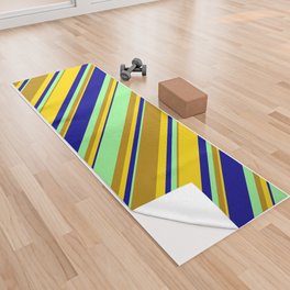 [ Thumbnail: Yellow, Dark Goldenrod, Green & Dark Blue Colored Lined/Striped Pattern Yoga Towel ]