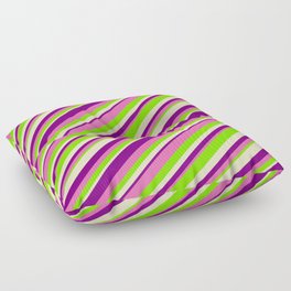 [ Thumbnail: Purple, Hot Pink, Green & Bisque Colored Lined Pattern Floor Pillow ]