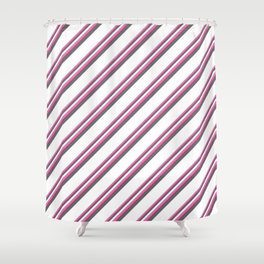 [ Thumbnail: Hot Pink, Dim Grey & White Colored Pattern of Stripes Shower Curtain ]