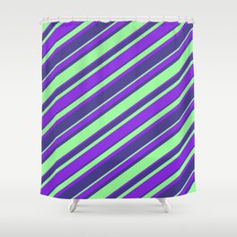 [ Thumbnail: Purple, Dark Slate Blue & Green Colored Striped/Lined Pattern Shower Curtain ]
