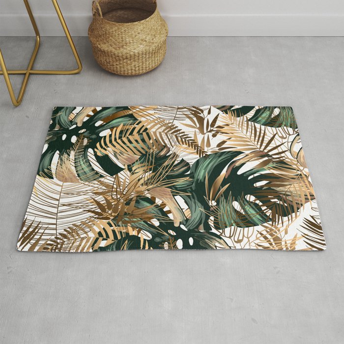 Golden and green tropical leaves on a white background. Seamless pattern in the style of Hawaii. Botanical background. Rug