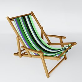 [ Thumbnail: Colorful Forest Green, Slate Blue, White, Green, and Black Colored Stripes Pattern Sling Chair ]