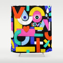 Colorful abstract pattern with word love inside,eyes,tears,color blocks. Pattern illustration with bright color-blocking shapes. Trendy colorful pop art geometric pattern with bold shapes on black.  Shower Curtain