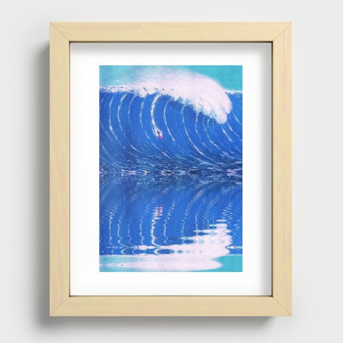 Extreme surfing pipeline wave with mirrored reflection oregon, hawaii, florida, portugal, nazare, honolulu surfer landsccape painting in ocean blue Recessed Framed Print
