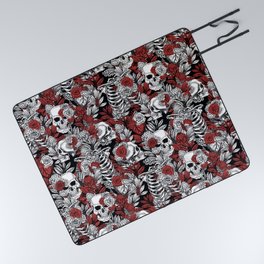 Skulls and Flowers Black White Red Vintage Picnic Blanket