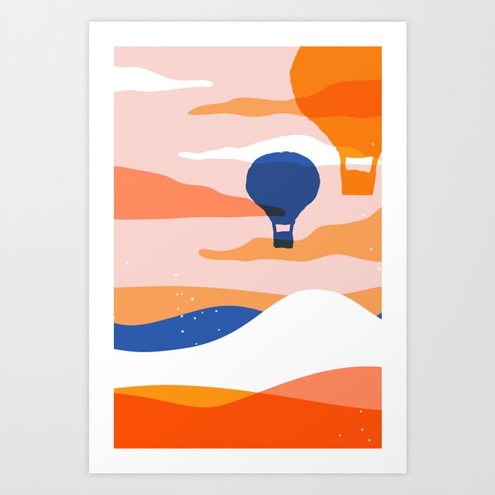 Colorful mountain landscape with hot air balloon  Art Print