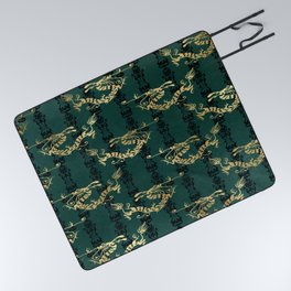Gold Asian Style Dragons on Dark Teal Picnic Blanket