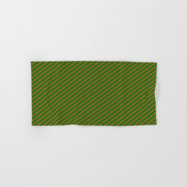 [ Thumbnail: Sienna and Green Colored Stripes Pattern Hand & Bath Towel ]