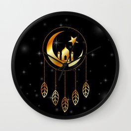 Islamic dream catcher with feathers golden moon and stars	 Wall Clock