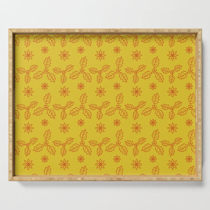 Christmas Pattern Yellow Drawing Floral Leaf Serving Tray